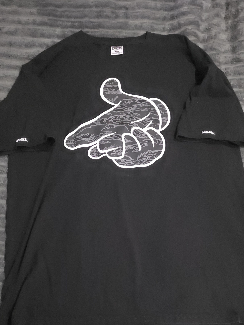 Crooks & Castles Black Tee with White-Outlined Hand Graphic